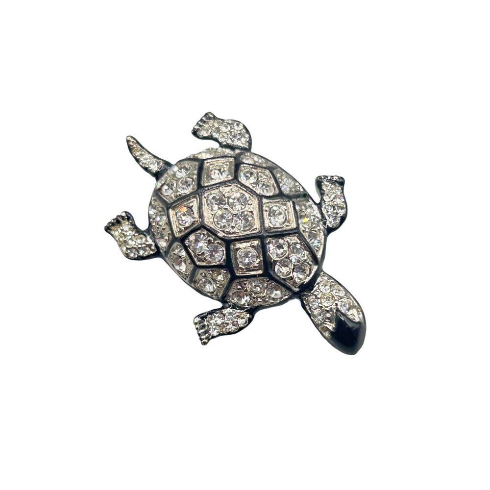Kenneth Jay Lane KJL Turtle Pin Brooch Silver Tone Clear Crystals Black Enamel